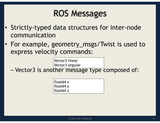 (C)2016 Roi Yehoshua
ROS Messages
• Strictly-typed data structures for inter-node
communication
• For example, geometry_msgs/Twist is used to
express velocity commands:
– Vector3 is another message type composed of:
Vector3 linear
Vector3 angular
float64 x
float64 y
float64 z
17
 