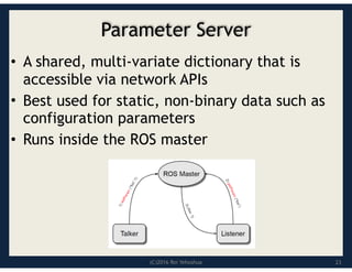 (C)2016 Roi Yehoshua
Parameter Server
• A shared, multi-variate dictionary that is
accessible via network APIs
• Best used for static, non-binary data such as
configuration parameters
• Runs inside the ROS master
23
 