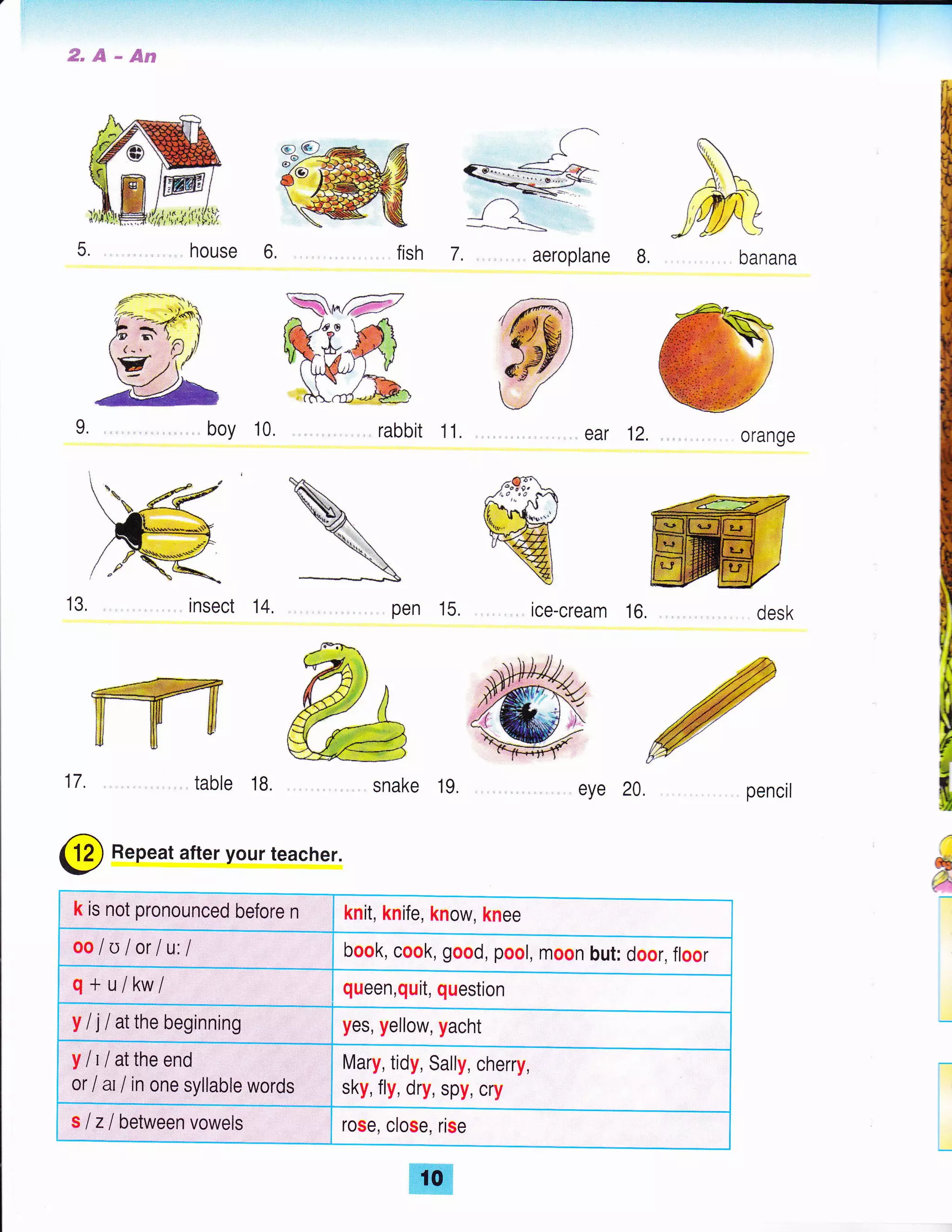 il
I
a
tc
x*rLi', L
/ /G4'
l'lJJfJ/ P
J 14/ L>
banana
S,A*6sE
17.
house 6,
table 18.
fish 7.
. rabbit 11.
aeroplane B,
ear 12.
,, ice-cream 16.
eye 20.
14.
'*o @
,ffi/ "t q_
, , insect
@
ffiwHlJi EJ
13.
.,, snake
@
Repeat after your teacher.
k is not pronounced before n knit, knife, know, knee
oo10 lorlu:l book, cook, good, pool, moon but: door, floor
q+ulkwl queen,quit, question
Yljlatthebeginning yes, yellow, yacht
Yltlaltheend
or I d/ in one syllable words
Mary, tidy, Sally, cherry,
sky, fly, dry, spy, cry
slzlbetweenvowels rose, close, rise
ffi
 