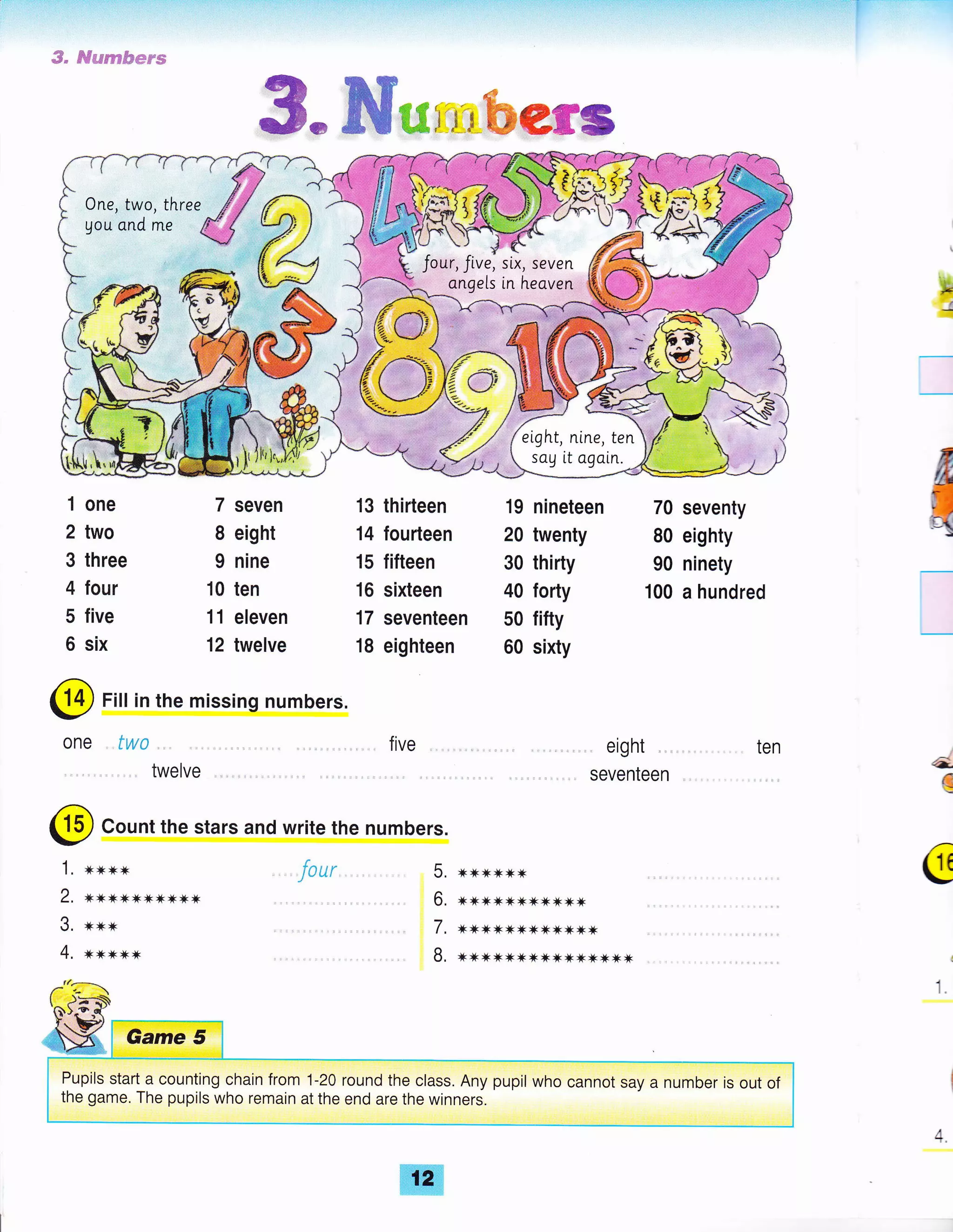 --
#" ffo.ereffimes
fr-ffiw:i*fuetrs
F
I
1 one
2 two
3 three
4 four
5 five
6 six
7 seven
8 eight
9 nine
10 ten
11 eleven
12 twelve
13 thirteen
14 fourteen
15 fifteen
16 sixteen
17 seventeen
18 eighteen
19 nineteen
20 twenty
30 thirty
40 forty
50 fifty
60 sixty
70 seventy
80 eighty
90 ninety
100 a hundred
@ Fill in the missing numbers.
one .twa .
twelve
1. xx*x
2, xn*xxJF*JtJkJr
3. **x
4. xxxxx
five . eight
seventeen
ten
d
€
@ Count the stars and write the numbers.
four 5. x*xxxx
6. **lrltttrknJr Jt Jkrk
7. *xxltxJrnJrrkJrJrn
B, *xltxlrJt Jr Jrrkrk JrrF JkJk Jt
1.
4.
Pupils start a counting chain from 1-20 round the class. Any pupil who cannot say a number is out of
the game. The pupils who remain at the end are the winners.
 