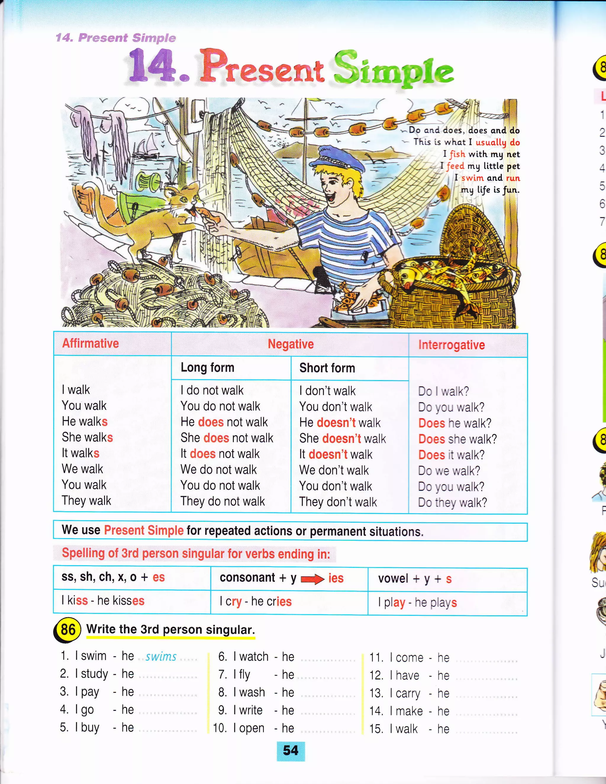 7 .:!:...: .'.1!.:.
#€- Fmmeec-F* #Ssffitrffiff#
€€- Fres€ffit %esmple
v - ,i *i--e I F
_rE
(
L
1
2
4
5
6
7
C
Hf:*
-,t
'--* - :.:, :.: .-, :: a.,Tf
*Do and does, does cnddil
- This is whot I usuottg do
I fsh with mg net
l;'J Jeed rng little pet
I swim and run
ilt riJe ls Jun.
iij*f,r i#i-#=-
d-
=l
Affirmative Negative lnteruogative
lwalk
You walk
He walks
She walks
It walks
We walk
You walk
They walk
Long form Short form
I don't walk
You don't walk
He doesn't walk
She doesn't walk
It doesn't walk
We don't walk
You don't walk
They don't walk
Do lwalk?
Do you walk?
Does he walk?
Does she walk?
Does it walk?
Do we walk?
Do you walk?
Do they walk?
I do not walk
You do not walk
He does not walk
She does not walk
It does not walk
We do not walk
You do not walk
They do not walk
we use Present simple for repeated actions or permanent situafions.
Spelling of 3rd person singular for verbs ending in:
ss, sh, ch, xo o + es consonant+y+ies vowel +y+s
I kiss - he kisses I cry - he cries I play - he plays
C
{
4{
F
tr
Stl,
(
J
{i
/J}-t
-t
11, lcome - he
12, lhave - he
13, lcarry - he
'14. lmake - he
15. lwalk - he
@
write the 3rd person singular.
1, I swim - he swims
2. lstudy-he
3. lpay -he
4. lgo -he
5. lbuy -he
6, lwatch
7. llly
B. lwash
9. lwrite
10, I open
-he
-he
-he
-he
-he
 