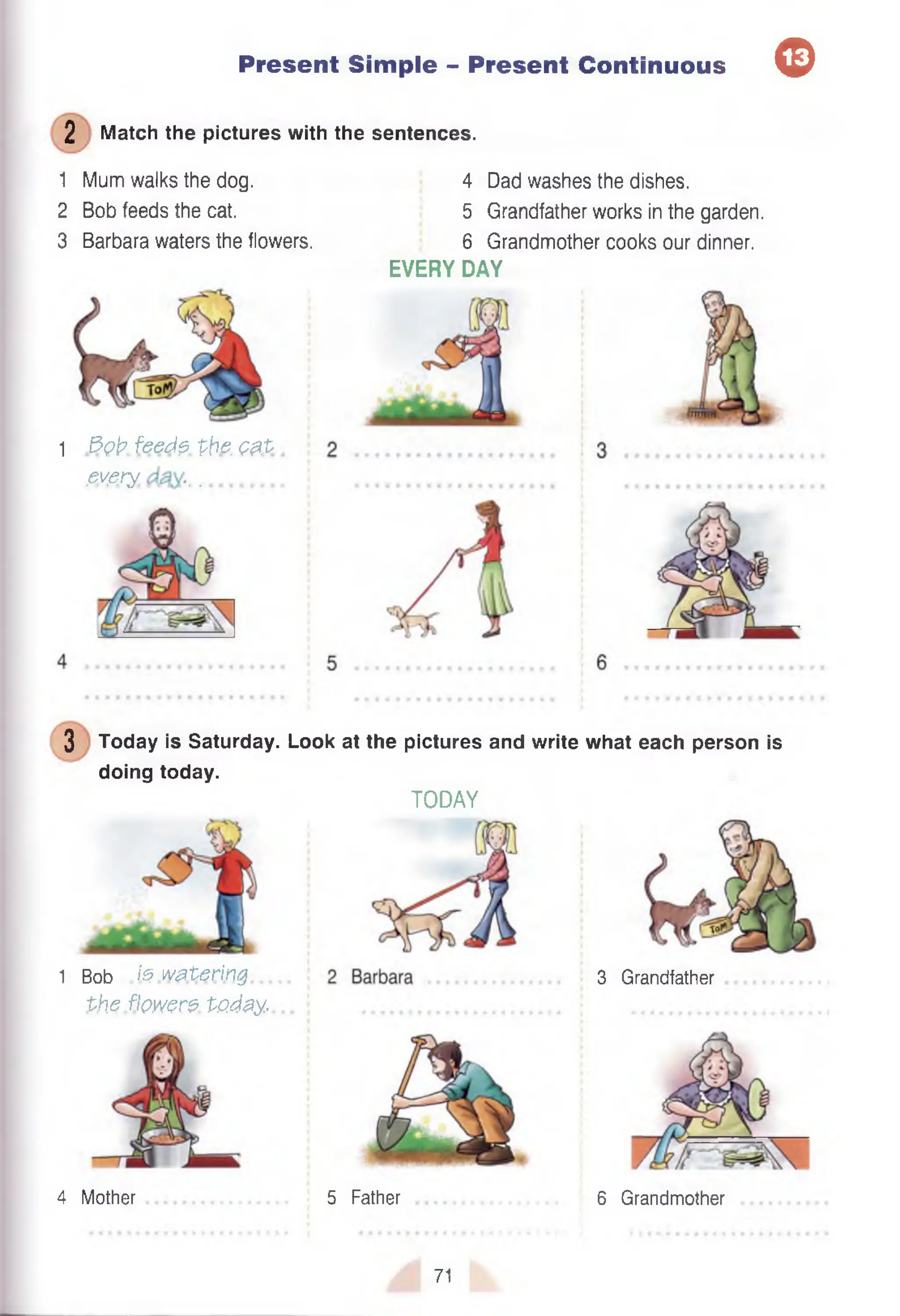 2 Match the pictures with the sentences.
Present Simple - Present Continuous ©
1 Mum walks the dog.
2 Bob feeds the cat.
3 Barbara waters the flowers.
1 S>ol7. feeds. the. Q&t
.ey.e.iy, ..................
4 Dad washes the dishes.
5 Grandfather works in the garden.
6 Grandmother cooks our dinner.
EVERY DAY
3 Today is Saturday. Look at the pictures and write what each person is
doing today.
TODAY
1 Bob is watering
the flowers today..
3 Grandfather
4 Mother 5 Father 6 Grandmother
71
 