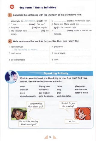 -ing form / The to infinitive
3 Com plete the sentences with the -ing form or the to infinitive form.
1 Would you like PP. W$P.oh (watch) TV? 5 (swim) is my favourite sport.
2 “I love (draw)." “Me too.” 6 Nikos and Maria would like
3 Amy likes (ride) her bicycle. (go) to the cinema tonight.
4 The children love (eat) ice 7 (read) books is one of her
cream. hobbies.
4 Write sentences that are true for you. Use like / love / d o n ’t like.
4 play tennis
1 listen to music
,/.like, listening pp mu sip.. ..
2 read books
3 go to the theatre
5 ride a bicycle
6 cook
Speaking Activity
^ W hat do you like/don’t you like doing in your free time? Tell your
partner. Use the verbs/phrases in the list.
swim
watch TV
cook
do my homework
tidy my room
read books
play football
go to the cinema
dance
sing
draw
wash the dishes
play games
eat chocolate
listen to music
1like swimming. So do 1
. Do you
What about you? like drawing?
No, but 1like dancing.
What about you?
Me too.
98
 