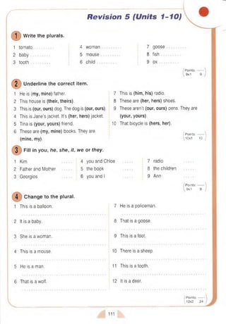 r
Revision 5 (Units 1-10)
(DW rite the plurals.
1 tomato 4 woman 7 goose
2 baby ................... 5 mouse 8 fis h .................
3 tooth ...................... 6 child 9 ox
/ P oints:--------
 9x1 9 )
2 Underline the correct item.
1 He is (my, mine) father. 7 This is (him, his) radio.
2 This house is (their, theirs). 8 These are (her, hers) shoes.
3 This is (our, ours) dog. The dog is (our, ours). 9 These aren’t (our, ours) pens. They are
4 This is Jane’s jacket. It’s (her, hers) jacket. (your, yours).
5 Tina is (your, yours) friend. 10 That bicycle is (hers, her).
6 These are (my, mine) books. They are
(mine, my).
; Points:--------
 10x1 10 /
3 Fill in you, he, she, it, we or they.
1 Kim
2 Father and Mother
3 Georgios
4 you and Chloe
5 the book
6 you and I
7 radio
8 the children
9 Ann
4 Change to the plural.
1 This is a balloon.
2 It is a baby.
3 She is a woman.
4 This is a mouse.
5 He is a man.
6 That is a wolf.
7 He is a policeman.
8 That is a goose.
9 This is a foot.
10 There is a sheep.
11 This is a tooth.
12 It is a deer.
Points:
9x1
(Points:------
y12x2 24
111
 