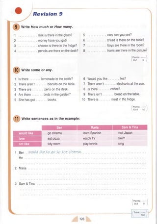 Revision 9
9 W rite H o w m u ch or H o w m any.
1 milk is there in the glass? 5 cars can you see?
2 money have you got? 6 bread is there on the table?
3 cheese is there in the fridge? 7 boys are there in the room?
4 pencils are there on the desk? trains are there in the picture?
/ P oints:------- 
 8x1 8 /
10 W rite so m e or any.
1 Is there lemonade in the bottle? 6 Would you like tea?
2 There aren’t biscuits on the table. 7 There aren't elephants at the zoo.
3 There are pens on the desk. 8 Is there coffee?
4 Are there birds in the garden? 9 There isn’t
5 She has got ........... books. 10 There is meat in the fridge.
/ P oints:------- 
10x1 10 )
11 W rite sentences as in the example:
M Ben Maria Sam & Tina j
would like go cinema learn Spanish visit Japan
love eat pizza watch TV swim
not like tidy room play tennis sing
1 Ben
He ..
2 Maria
wpyld like to gp. tp the, eineiva-.
3 Sam & Tina
/ Points:------- 
V 3x3 9 )
/T o ta l:------- 
'  100 y
126
 