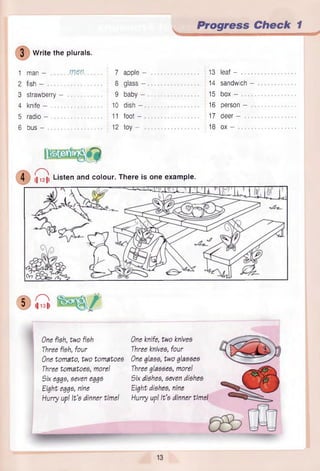 Progress Check 1
3 Write the plurals.
1 man - ......... ................. 7 apple - 13 leaf -
2 fish - 8 glass - . . ............ 14 sandwich -
3 strawberry - . 9 baby - ............. 15 box - ........
4 k n if e - ................. 10 d is h - ............. 16 person-
5 radio - ....................... 11foot - .............................. 17 deer - —
6 bus - 12 toy - 18 ox - ..........
4 j|^ || Listen and colour. There is one example.
• *Qi
One fish, two fish
Three fish, four
One tomato, two tomatoes
Three tomatoes, more!
Six eggs, seven eggs
Eight eggs, nine
Hurry up! It’s dinner time!
One knife, two knives
Three knives, four
One glass, two glasses
Three glasses, more!
Six dishes, seven dishes
Eight dishes, nine
Hurry up! It’s dinner timeI
 