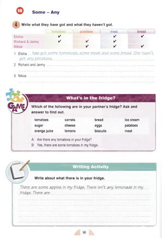 Some - Any
4 W rite w hat they have got and w hat they haven’t got.
potatoes f
Elisha
Richard & Jenny
Nikos
✓
✓ ✓
✓
meat
✓
✓
✓
ic bread
✓
1 Elisha g o t som e. tPJ73tQ &5>. S.orDG .rn.<53t. and. s p rr< 5 bread.. She. h a s n 't
.got. any.potatoes....
2 Richard and Jenny
3 Nikos ........................................
W hat’s in the fridge?
W hich of the following are in your partner’s fridge? Ask and
answer to find out.
tomatoes
sugar
orange juice
carrots
cheese
lemons
bread
eggs
biscuits
A: Are there any tomatoes in your fridge?
B: Yes, there are some tomatoes in my fridge.
ice cream
potatoes
meat
Writing Activity
W rite about what there is in your fridge.
There are some apples in my fridge. There isn’t any lemonade in my
fridge. There are
96
 