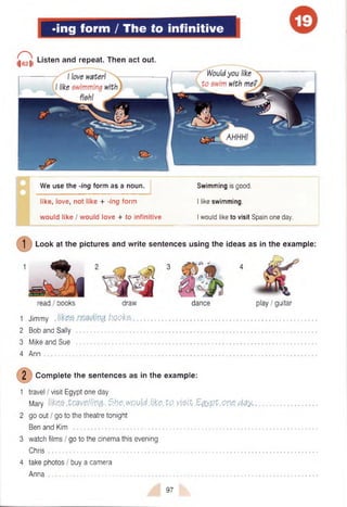 ing form / The to infinitive
I Listen and repeat. Then act out.
We use the -ing form as a noun. Swimming is good.
like, love, not like + -ing form I like swimming.
would like / would love + to infinitive I would like to visit Spain one day.
] Look at the pictures and write sentences using the ideas as in the example:
read I books draw dance play / guitar
1 Jimmy k Q Q fa .............................................................................................................
2 Bob and Sally ....................................................................................................................................................
3 Mike and Sue ....................................................................................................................................................
4 A n n .........................................................................................................................................................................
2 Com plete the sentences as in the example:
1 travel I visit Egypt one day
Mary Hkee tra v e llin g .. S.he. w o u ld .like. tP. v is it E g y p t.o m d a y ,.........................
2 go out I go to the theatre tonight
Ben and Kim .....................................................................................................................................................
3 watch films / go to the cinema this evening
Chris ....................................................................................................................................................................
4 take photos I buy a camera
Anna .......................................................................................................................................................................
97
 