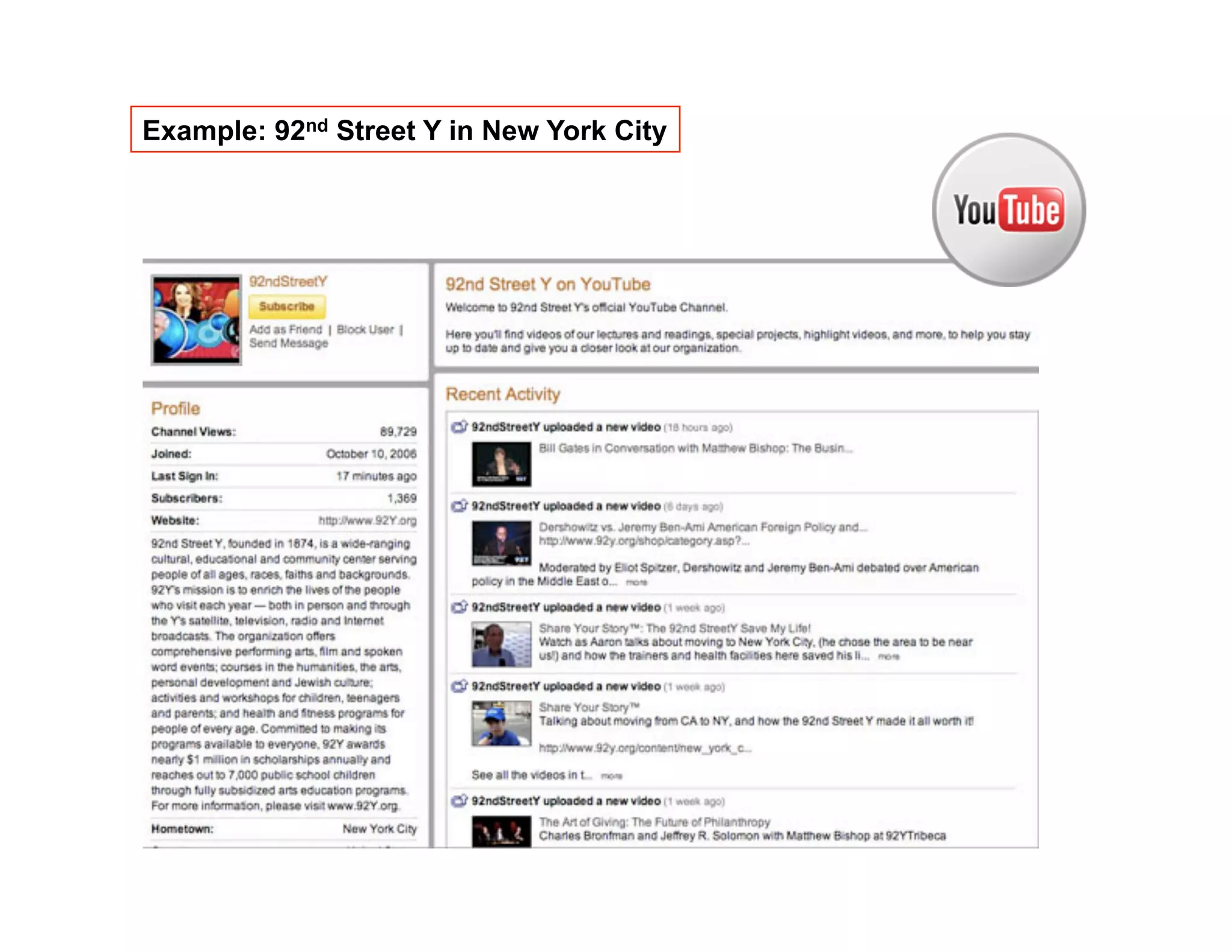 Example: 92nd Street Y in New York City
 