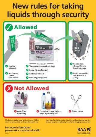 Allowed✓
✓
Not Allowed✗
✗ ✗ Sharp items✗
✓ ✓
✓
✓ Items ﬁt comfortably
Transparent re-sealable bag✓
✓ One bag per person
✓ Fastened closed
Max 20cm/8”
Liquid Cosmetics
100mlmax
Foodstuffs
100mlmax
Gels and Lotions
100mlmax
Foams
100mlmax
Pastes
100mlmax
Bag
Only
1
 