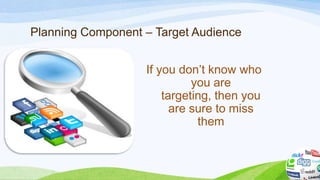 Planning Component – Target Audience
If you don’t know who
you are
targeting, then you
are sure to miss
them
 