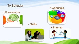 TA Behavior
• Conversation
• Channels
• Interest
• Skills
 