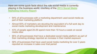 Here are some quick facts about the role social media is currently
playing in the business world, courtesy of the 2013 Social Media
Marketing Industry Report:
• 94% of all businesses with a marketing department used social media as
part of their marketing platform
• Almost 60% of marketers are devoting the equivalent of a full work day to
social media marketing development and maintenance
• 43% of people aged 20-29 spend more than 10 hours a week on social
media sites
• 85% of all businesses that have a dedicated social media platform as part of
their marketing strategy reported an increase in their market exposure
• 58% of businesses that have used social media marketing for over 3 years
reported an increase in sales over that period
 
