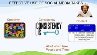 EFFECTIVE USE OF SOCIAL MEDIA TAKES
Creativity
Content
Consistency
…All of which take
People and Time!
 