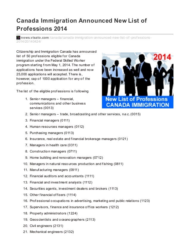 Canada Immigration Announced New List of Professions 2014