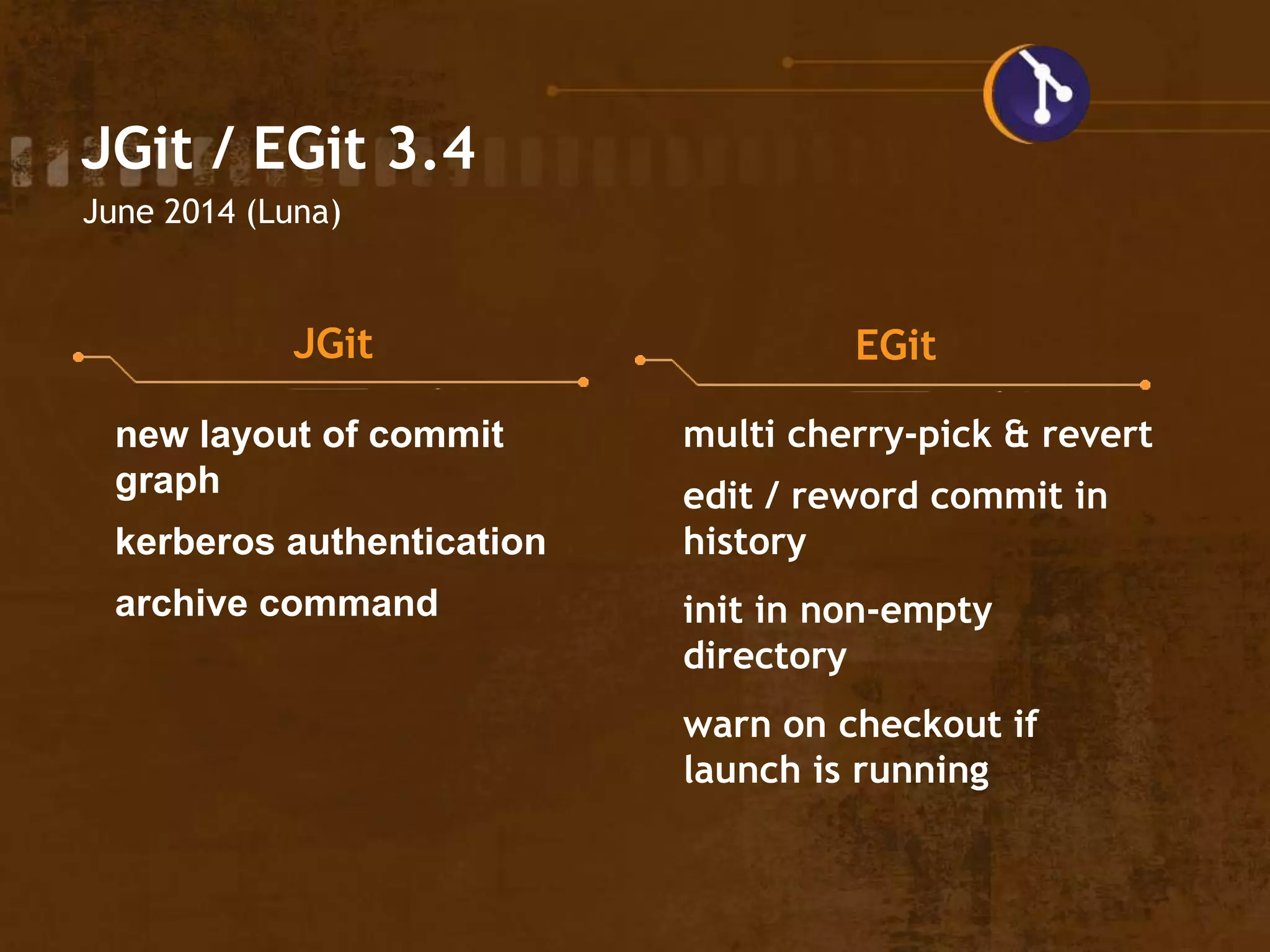 JGit / EGit 3.4
June 2014 (Luna)
JGit EGit
new layout of commit
graph
kerberos authentication
archive command
multi cherry-pick & revert
edit / reword commit in
history
init in non-empty
directory
warn on checkout if
launch is running
 