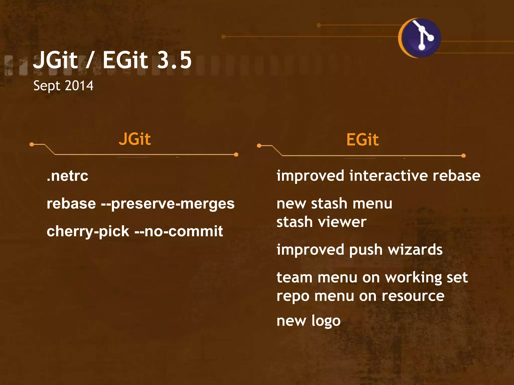 JGit / EGit 3.5
Sept 2014
JGit EGit
.netrc
rebase --preserve-merges
cherry-pick --no-commit
improved interactive rebase
new stash menu
stash viewer
improved push wizards
team menu on working set
repo menu on resource
new logo
 