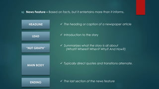 b) News Feature – Based on facts, but it entertains more than it informs.
HEADLINE
LEAD
“NUT GRAPH”
MAIN BODY
ENDING
 The heading or caption of a newspaper article
 Introduction to the story
 Summarizes what the story is all about
(What? Where? When? Why? And How?)
 Typically direct quotes and transitions alternate.
 The last section of the news feature
 
