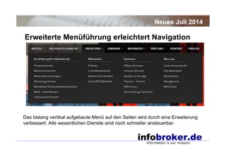 Erweiterte Menüführung erleichtert Navigation
Neues Juli 2014
Das bislang vertikal aufgebaute Menü auf den Seiten wird durch eine Erweiterung
verbessert. Alle wesentlichen Dienste sind noch schneller ansteuerbar.
 