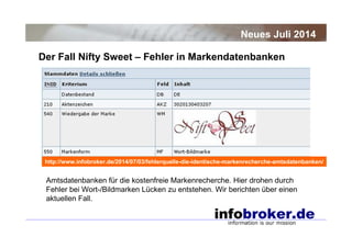 Der Fall Nifty Sweet – Fehler in Markendatenbanken
Neues Juli 2014
Amtsdatenbanken für die kostenfreie Markenrecherche. Hier drohen durch
Fehler bei Wort-/Bildmarken Lücken zu entstehen. Wir berichten über einen
aktuellen Fall.
http://www.infobroker.de/2014/07/03/fehlerquelle-die-identische-markenrecherche-amtsdatenbanken/
 