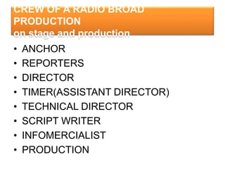 CREW OF A RADIO BROAD
PRODUCTION
on stage and production
• ANCHOR
• REPORTERS
• DIRECTOR
• TIMER(ASSISTANT DIRECTOR)
• TECHNICAL DIRECTOR
• SCRIPT WRITER
• INFOMERCIALIST
• PRODUCTION
 