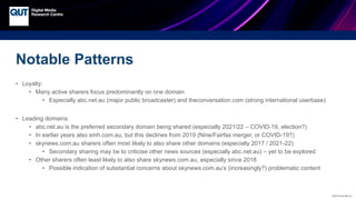 CRICOS No.00213J
Notable Patterns
• Loyalty:
• Many active sharers focus predominantly on one domain
• Especially abc.net.au (major public broadcaster) and theconversation.com (strong international userbase)
• Leading domains:
• abc.net.au is the preferred secondary domain being shared (especially 2021/22 – COVID-19, election?)
• In earlier years also smh.com.au, but this declines from 2019 (Nine/Fairfax merger, or COVID-19?)
• skynews.com.au sharers often most likely to also share other domains (especially 2017 / 2021-22)
• Secondary sharing may be to criticise other news sources (especially abc.net.au) – yet to be explored
• Other sharers often least likely to also share skynews.com.au, especially since 2018
• Possible indication of substantial concerns about skynews.com.au’s (increasingly?) problematic content
 