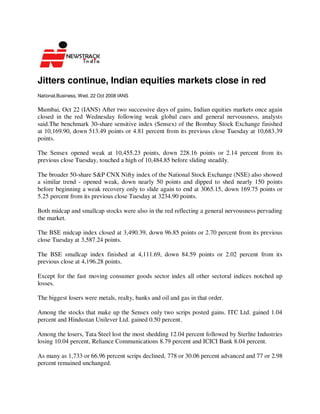 Jitters continue, Indian equities markets close in red
National,Business, Wed, 22 Oct 2008 IANS

Mumbai, Oct 22 (IANS) After two successive days of gains, Indian equities markets once again
closed in the red Wednesday following weak global cues and general nervousness, analysts
said.The benchmark 30-share sensitive index (Sensex) of the Bombay Stock Exchange finished
at 10,169.90, down 513.49 points or 4.81 percent from its previous close Tuesday at 10,683.39
points.

The Sensex opened weak at 10,455.23 points, down 228.16 points or 2.14 percent from its
previous close Tuesday, touched a high of 10,484.85 before sliding steadily.

The broader 50-share S&P CNX Nifty index of the National Stock Exchange (NSE) also showed
a similar trend - opened weak, down nearly 50 points and dipped to shed nearly 150 points
before beginning a weak recovery only to slide again to end at 3065.15, down 169.75 points or
5.25 percent from its previous close Tuesday at 3234.90 points.

Both midcap and smallcap stocks were also in the red reflecting a general nervousness pervading
the market.

The BSE midcap index closed at 3,490.39, down 96.85 points or 2.70 percent from its previous
close Tuesday at 3,587.24 points.

The BSE smallcap index finished at 4,111.69, down 84.59 points or 2.02 percent from its
previous close at 4,196.28 points.

Except for the fast moving consumer goods sector index all other sectoral indices notched up
losses.

The biggest losers were metals, realty, banks and oil and gas in that order.

Among the stocks that make up the Sensex only two scrips posted gains. ITC Ltd. gained 1.04
percent and Hindustan Unilever Ltd. gained 0.50 percent.

Among the losers, Tata Steel lost the most shedding 12.04 percent followed by Sterlite Industries
losing 10.04 percent, Reliance Communications 8.79 percent and ICICI Bank 8.04 percent.

As many as 1,733 or 66.96 percent scrips declined, 778 or 30.06 percent advanced and 77 or 2.98
percent remained unchanged.
 