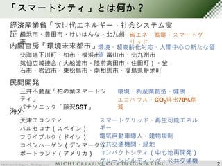 2 
「スマートシティ」とは何か？ 
経済産業省「次世代エネルギー・社会システム実 
証」横浜市・豊田市・けいはんな・北九州 
市 
内閣官房「環境未来都市」 
北海道下川町、柏市、横浜市、富山市、北九州市 
気仙広域連合（大船渡市・陸前高田市・住田町）、釜 
石市、岩沼市、東松島市、南相馬市、福島県新地町 
民間開発 
三井不動産「柏の葉スマートシ 
ティ」 
パナソニック「藤沢SST」 
海外 
天津エコシティ 
バルセロナ（スペイン） 
フライブルク（ドイツ） 
コペンハーゲン（デンマーク） 
ポートランド（アメリカ） 
省エネ、蓄電、スマートグ 
リッド 
環境・超高齢化対応、人間中心の新たな価 
値 
環境、新産業創造、健康 
エコハウス、CO2排出70%削 
減 
スマートグリッド、再生可能エネル 
ギー 
電気自動車導入、建物規制 
公共交通機関、緑地 
コンパクトシティ（中心地再開発） 
グリーンビルディング、公共交通機 
関 
 
