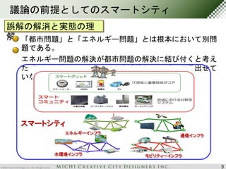 議論の前提としてのスマートシティ 
誤解の解消と実態の理 
解「都市問題」と「エネルギー問題」とは根本において別問 
題である。 
エネルギー問題の解決が都市問題の解決に結び付くと考え 
た「スマートコミュニティ」はビジネスモデルが見出せて 
いない。 
3 
スマートシティ 
通信インフラ 
エネルギーインフラ 
水環境インフラモビリティーインフラ 
 