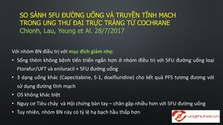 SO  SÁNH  5FU  ĐƯỜNG  UỐNG  VÀ  TRUYỀN  TĨNH  MẠCH  
TRONG  UNG  THƯ  ĐẠI  TRỰC  TRÀNG  TỪ  COCHRANE
Chionh,  Lau,  Yeung  et  Al.  28/7/2017
Với nhóm BN điều trị với mục đích giảm nhẹ:
• Sống thêm không bệnh tiến triển ngắn hơn ở nhóm điều trị với 5FU đường uống loại
Ftorafur/UFT và eniluracil + 5FU đường uống
• 3 dạng uống khác (Capecitabine, S-­‐1, doxifluridine) cho kết quả PFS tương đương với
sử dụng đường tĩnh mạch
• OS không khác biệt
• Nguy cơ Tiêu chảy và Hội chứng bàn tay – chân gặp nhiều hơn với 5FU đường uống
• Tuy nhiên, nhóm BN này có tỷ lệ hạ bạch hầu thấp hơn
 