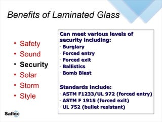Benefits of Laminated Glass <ul><li>Safety </li></ul><ul><li>Sound </li></ul><ul><li>Security </li></ul><ul><li>Solar </li...