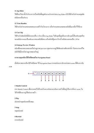 11 Jog Slider
      ใชเลื่อนไปมาทั้งในโครงการหรือคลิปเพื่อดูเฟรม ณ ตําแหนงของ Jog Slider หรือใชสําหรับกําหนดจุดตัด
      คลิปออกเปนสวนๆ

      12 Trim Handles
      ใชสําหรับกําหนดขอบเขตของการพรีวิวในโครงการ หรือกําหนดขอบเขตของคลิปที่จะเหลือไวใชงาน

      13 Cut Clip
      ใชสําหรับตัดคลิปที่เลือกออกเปน 2 สวน เลื่อน Jog Slider ไปยังจุดที่คุณตองการตัด จุดนี้เปนเฟรมสุดทาย
      ของคลิปแรกและเปนเฟรมแรกของคลิปที่สอง แลวคลิกที่ปุมกรรไกรนี้ คลิปจะแยกออเปน 2 สวน

      14 Enlarge Preview Window
      คลิกเพื่อขยายขนาดของหนาตางดูภาพ (preview) คุณสามารถดูไดเพียงอยางเดียวเทานั้น ไมสามารถแกไข
      คลิปไดเมื่อหนาตางดูภาพขยายใหญ

      การควบคุมกลองวีดีโอดิจิตอลดวย Navigation Panel

      เมื่อจับภาพจากกลองวีดีโอดิจิตอล ใช Navigation Panel กรอเทปและหาตําแหนงของ scene ที่ตองการจับ
ภาพ




      1 Shuttle Control
      ลาก Shuttle Control เพื่อกรอเทปไปขางหนาและหลังตามระดับความเร็วที่มีอยู เปนการคนหา scene ใน
      วีดีโอที่ตองการดูไดอยางรวดเร็ว

      2 Play
      เลนเทป/หยุดเลนเทปชั่วขณะ

      3 Stop
      หยุดเลนเทป

      4 Rewind
      กรอกลับเทป
 