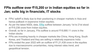 FPIs outflow over ₹15,200 cr in Indian equities so far in
Jan; sells big in financials, IT stocks
● FPIs' selloff is likel...