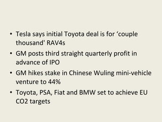 Tesla says initial Toyota deal is for ‘couple thousand' RAV4s GM posts third straight quarterly profit in advance of IPO GM hikes stake in Chinese Wuling mini-vehicle venture to 44% Toyota, PSA, Fiat and BMW set to achieve EU CO2 targets 