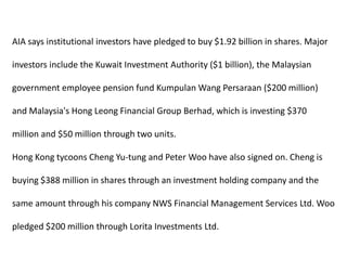 AIA says institutional investors have pledged to buy $1.92 billion in shares. Major investors include the Kuwait Investment Authority ($1 billion), the Malaysian government employee pension fund Kumpulan Wang Persaraan ($200 million) and Malaysia's Hong Leong Financial Group Berhad, which is investing $370 million and $50 million through two units. Hong Kong tycoons Cheng Yu-tung and Peter Woo have also signed on. Cheng is buying $388 million in shares through an investment holding company and the same amount through his company NWS Financial Management Services Ltd. Woo pledged $200 million through Lorita Investments Ltd. 