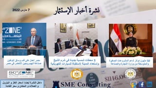 7
‫مارس‬
2022
‫لتوطين‬ ‫وساق‬ ‫قدم‬ ‫علي‬ ‫تعمل‬ ‫مصر‬
‫مصر‬ ‫في‬ ‫األخضر‬ ‫الهيدروجين‬ ‫صناعة‬
3
‫الشيخ‬ ‫شرم‬ ‫في‬ ‫جديدة‬ ‫شمسية‬ ‫محطات‬
‫الكه‬ ‫للسيارات‬ ‫إلستقباال‬ ‫المدينة‬ ‫وإستعداد‬
‫ربائية‬
50
‫الصغيرة‬ ‫المشروعات‬ ‫لدعم‬ ‫دوالر‬ ‫مليون‬
‫والصناعة‬ ‫التجارة‬ ‫وزارة‬ ‫من‬ ‫والمتوسطة‬
‫تامثر‬‫س‬‫إ‬‫ل‬‫ا‬ ‫بار‬‫خ‬‫أ‬ ‫رشة‬‫ن‬
‫النشرة‬ ‫داخل‬
‫أيضا‬
:
‫أسعار‬
‫البترو‬ ‫و‬ ‫الغاز‬
‫ل‬
‫و‬
‫و‬ ‫العمالت‬
‫المعادن‬
‫الفائدة‬ ‫سعر‬ ‫و‬
 