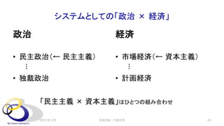 システムとしての「政治 × 経済」
政治
• 民主政治（← 民主主義）
︙
• 独裁政治
経済
• 市場経済（← 資本主義）
︙
• 計画経済
安田洋祐｜大阪大学 24
「民主主義 × 資本主義」はひとつの組み合わせ
2021年12月
 