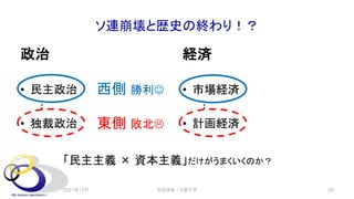 ソ連崩壊と歴史の終わり！？
政治
• 民主政治
︙
• 独裁政治
経済
• 市場経済
︙
• 計画経済
安田洋祐｜大阪大学 26
西側 勝利J
東側 敗北L
「民主主義 × 資本主義」だけがうまくいくのか？
2021年12月
 