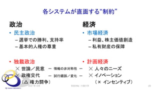 各システムが直面する“制約”
政治
• 民主政治
– 選挙での勝利、支持率
– 基本的人権の尊重
• 独裁政治
☓ 世論／民意
☓ 政権交代
（△ 権力闘争）
経済
• 市場経済
– 利益、株主価値創造
– 私有財産の保障
• 計画経済
☓ 人々のニーズ
☓ イノベーション
（× インセンティブ）
安田洋祐｜大阪大学 28
ー 情報の非対称性 ー
ー 試行錯誤／変化 ー
2021年12月
 
