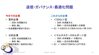 道徳・ガバナンス・最適化問題
今までの企業
• 営利企業
– 目的：利潤最大化
– 制約：無し
→ 社会課題が解決できない
• 公的企業
– 目的：社会価値最大化
– 制約：無し
→ 持続可能性／効率性が低い
これからの企業
• ＜SDGs＞型
– 目的：利潤最大化
– 制約：一定の社会価値"
𝑣 の実現
→ 注） "
𝑣 は自分たちで決められない（例：ESG）
• ＜マルチステークホルダー＞型
– 目的：共有価値 𝑣∗ の最大化
– 制約：一定の利潤の実現
→ 注） 𝑣∗ は自分で決めることができる
安田洋祐｜大阪大学 30
2021年12月
 