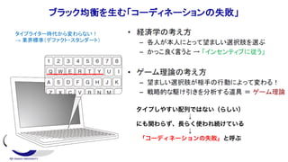 ブラック均衡を生む「コーディネーションの失敗」
タイプしやすい配列ではない（らしい）
↓
にも関わらず、長らく使われ続けている
↓
「コーディネーションの失敗」と呼ぶ
タイプライター時代から変わらない！
→ 業界標準（デファクト・スタンダート）
 