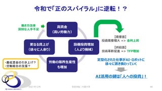令和で「正のスパイラル」に逆転！？
安田洋祐｜大阪大学 46
⾼賃⾦
（⾼い労働⼒）
設備投資増加
（⼈より機械）
労働の限界⽣産性
も増加
更なる賃上げ
（徐々に⼈余り）
【需要⾯】
投資需要増⼤ => ⾦利上昇
【供給⾯】
技術⾰新促進 => TFP増加
働き⽅改⾰
深刻な⼈⼿不⾜
定型化された仕事がAI・ロボットに
徐々に置き換わっていく
AI活⽤の鍵は「⼈への投資」︕
2021年12月
・最低賃金の引き上げ？
・労働組合の支援？
 
