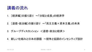 講義の流れ
1. ［経済編］の振り返り ～「分配と成長」の経済学
2. ［道徳・政治編］の振り返り ～「民主主義×資本主義」の未来
3. グループディスカッション ＜道徳・政治と経済＞
4. 新しい仕組みと日本の課題 ～競争と協調のインセンティブ設計
2021年12月 6
安田洋祐｜大阪大学
 