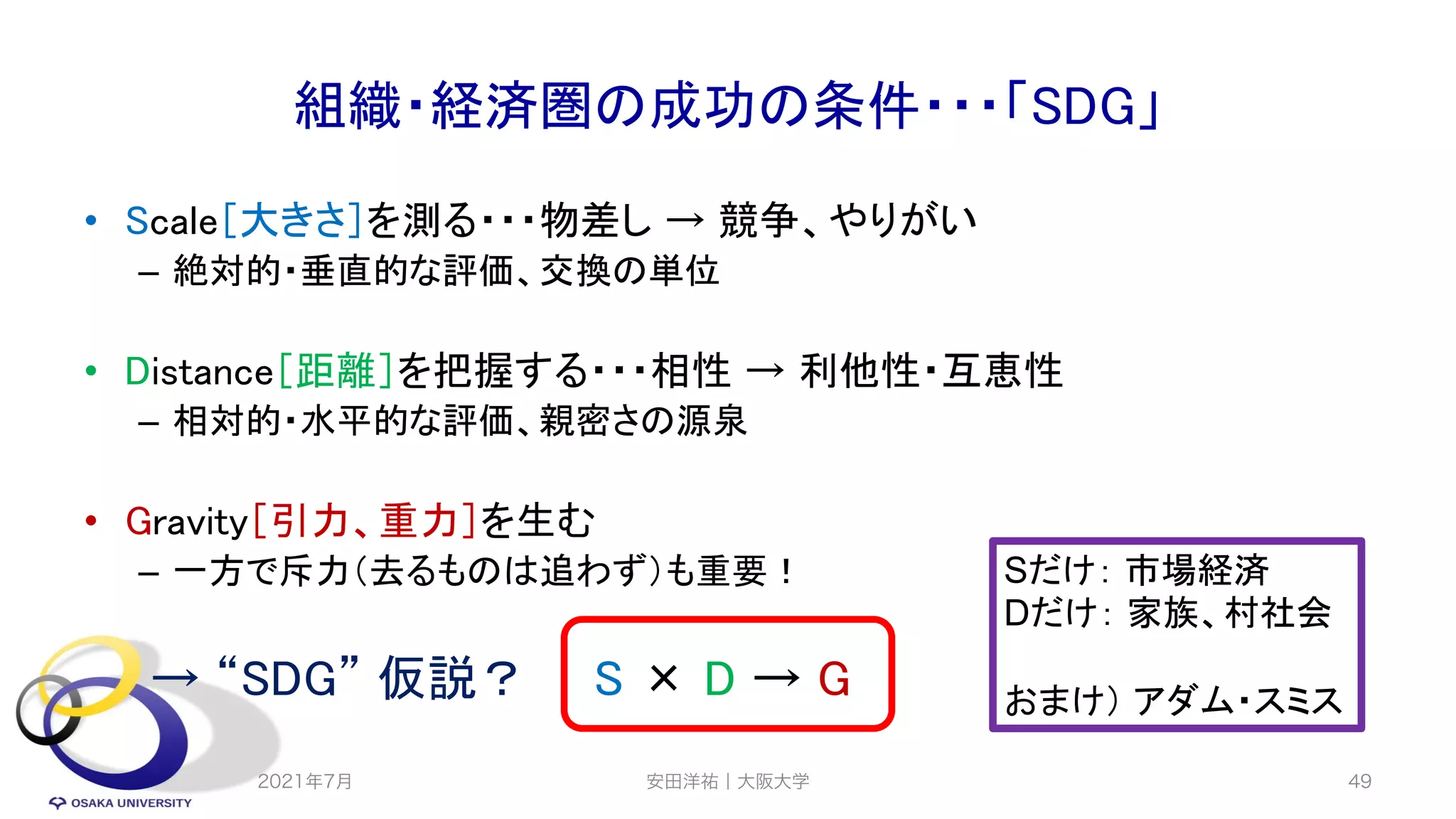 組織・経済圏の成功の条件・・・「SDG」
• Scale［大きさ］を測る・・・物差し → 競争、やりがい
– 絶対的・垂直的な評価、交換の単位
• Distance［距離］を把握する・・・相性 → 利他性・互恵性
– 相対的・水平的な評価、親密さの源泉
• Gravity［引力、重力］を生む
– 一方で斥力（去るものは追わず）も重要！
→ “SDG” 仮説？ S × D → G
安田洋祐｜大阪大学 49
Sだけ： 市場経済
Dだけ： 家族、村社会
おまけ） アダム・スミス
2021年7月
 