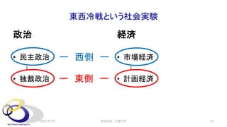 東西冷戦という社会実験
政治
• 民主政治
︙
• 独裁政治
経済
• 市場経済
︙
• 計画経済
安田洋祐｜大阪大学 37
ー 西側 ー
ー 東側 ー
2021年7月
 