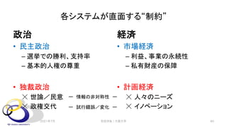 各システムが直面する“制約”
政治
• 民主政治
– 選挙での勝利、支持率
– 基本的人権の尊重
• 独裁政治
☓ 世論／民意
☓ 政権交代
経済
• 市場経済
– 利益、事業の永続性
– 私有財産の保障
• 計画経済
☓ 人々のニーズ
☓ イノベーション
安田洋祐｜大阪大学 40
ー 情報の非対称性 ー
ー 試行錯誤／変化 ー
2021年7月
 