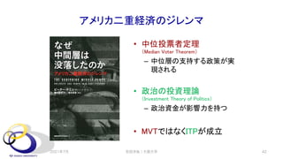 アメリカ二重経済のジレンマ
• 中位投票者定理
（Median Voter Theorem）
– 中位層の支持する政策が実
現される
• 政治の投資理論
（Investment Theory of Politics）
– 政治資金が影響力を持つ
• MVTではなくITPが成立
2021年7月 安田洋祐｜大阪大学 42
 