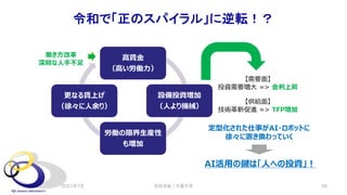 令和で「正のスパイラル」に逆転！？
安田洋祐｜大阪大学 58
⾼賃⾦
（⾼い労働⼒）
設備投資増加
（⼈より機械）
労働の限界⽣産性
も増加
更なる賃上げ
（徐々に⼈余り）
【需要⾯】
投資需要増⼤ => ⾦利上昇
【供給⾯】
技術⾰新促進 => TFP増加
働き⽅改⾰
深刻な⼈⼿不⾜
定型化された仕事がAI・ロボットに
徐々に置き換わっていく
AI活⽤の鍵は「⼈への投資」︕
2021年7月
 