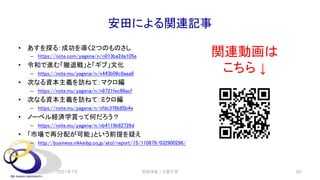 安田による関連記事
• あすを探る：成功を導く２つのものさし
– https://note.com/yagena/n/n013ba2da105e
• 令和で進む「撤退戦」と「ギブ」文化
– https://note.mu/yagena/n/n443b08c9aaa6
• 次なる資本主義を訪ねて：マクロ編
– https://note.mu/yagena/n/n8721fec86acf
• 次なる資本主義を訪ねて：ミクロ編
– https://note.mu/yagena/n/nfdc376b85b4e
• ノーベル経済学賞って何だろう？
– https://note.mu/yagena/n/nb4119b82726d
• 「市場で再分配が可能」という前提を疑え
– http://business.nikkeibp.co.jp/atcl/report/15/110879/032900296/
2021年7月 安田洋祐｜大阪大学 60
関連動画は
こちら ↓
 