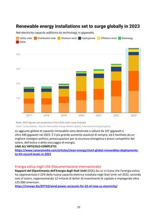 39
Le aggiunte globali di capacità rinnovabile sono destinate a saltare da 107 gigawatt a
oltre 440 gigawatt nel 2023. È il più grande aumento assoluto di sempre, ed è facilitato da un
migliore sostegno politico, preoccupazioni per la sicurezza energetica e prezzi competitivi del
solare, dell'eolico e dello stoccaggio di energia.
LINK ALL’ARTICOLO COMPLETO:
https://www.canarymedia.com/articles/clean-energy/chart-global-renewables-deployments-
to-hit-record-levels-in-2023
Energia eolica negli USA (Documentazione Internazionale)
Rapporti del Dipartimento dell'Energia degli Stati Uniti (DOE) da cui si ricava che l'energia eolica
ha rappresentato il 22% della nuova capacità elettrica installata negli Stati Uniti nel 2022, seconda
solo al solare, rappresentando 12 miliardi di dollari di investimenti di capitale e impiegando oltre
125.000 americani.
https://renews.biz/87710/wind-power-accounts-for-22-of-new-us-electricity/
 